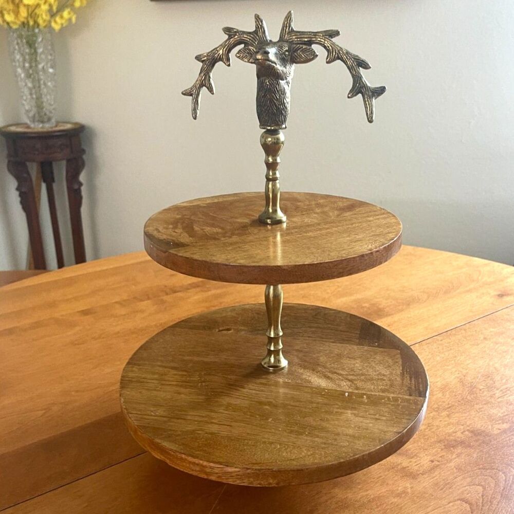Vtg Pewter Stag Deer & Solid Wood Serving Pedestal Cupcake Platter Cake Dessert